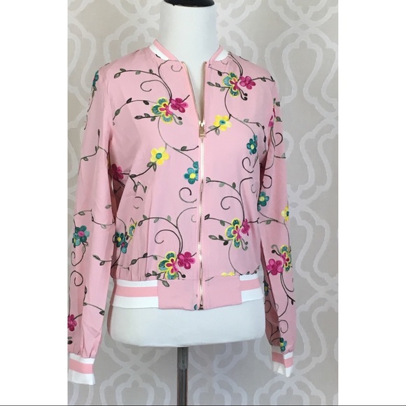 Floral Embroidered Pink Bomber Jacket - Picture 2 of 8